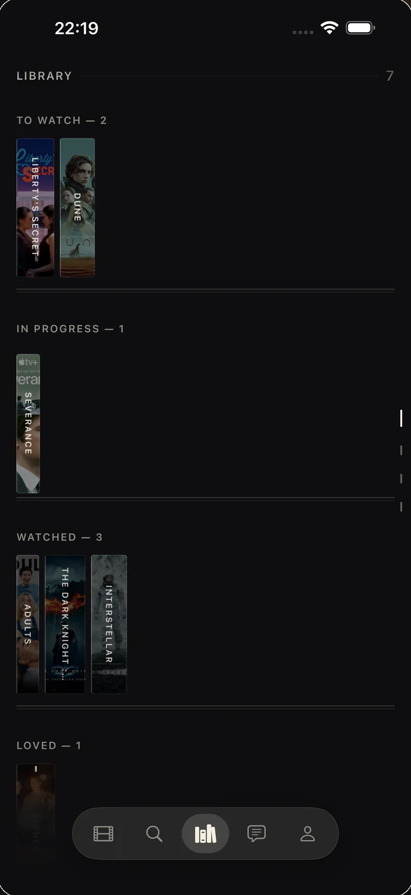 CUT's Library screen: titles as vertical slices arranged across four shelves
